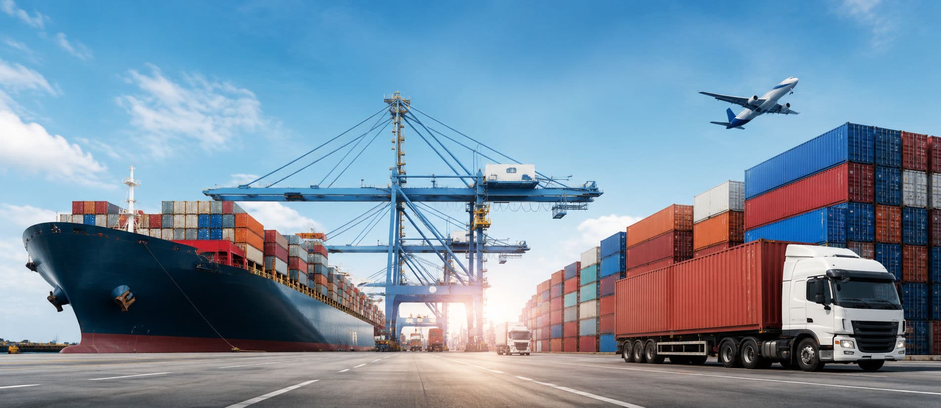 Import and export logistics at international shipping port