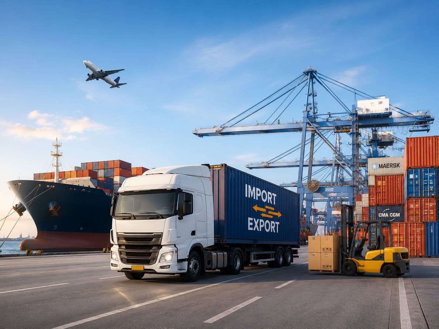 Import and export logistics with truck, cargo ship, and freight operations